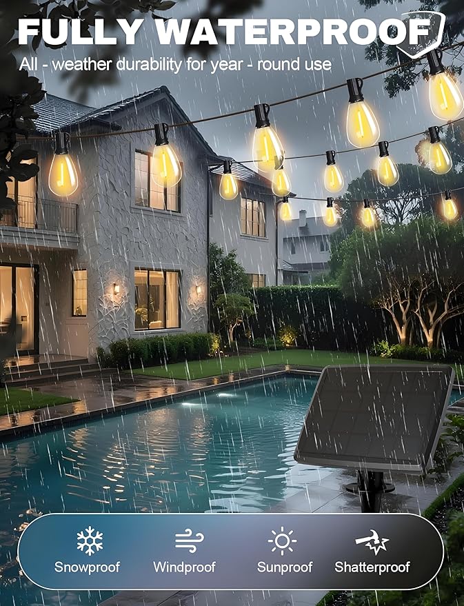 Tenmiro 120FT Solar Outdoor String Lights with Remote and 32+2 LED Shatterproof Bulbs Dimmable & Timing 3 Light Modes Solar Patio String Lights for Cafe, Garden, Deck, Outside Wedding Last for 10+Hrs