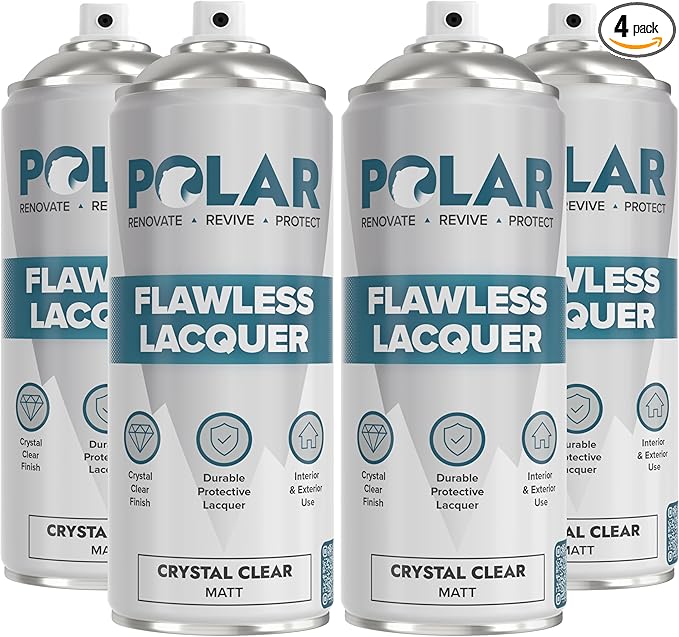 Polar Clear Matte Flawless Lacquer Spray - 4 x 13.5 Fl Oz - Clear Coat Spray Paint - Non-Yellowing & Scratch Resistant - Interior & Exterior Surfaces for Wood, Metal, Plastics, Glass & Ceramics