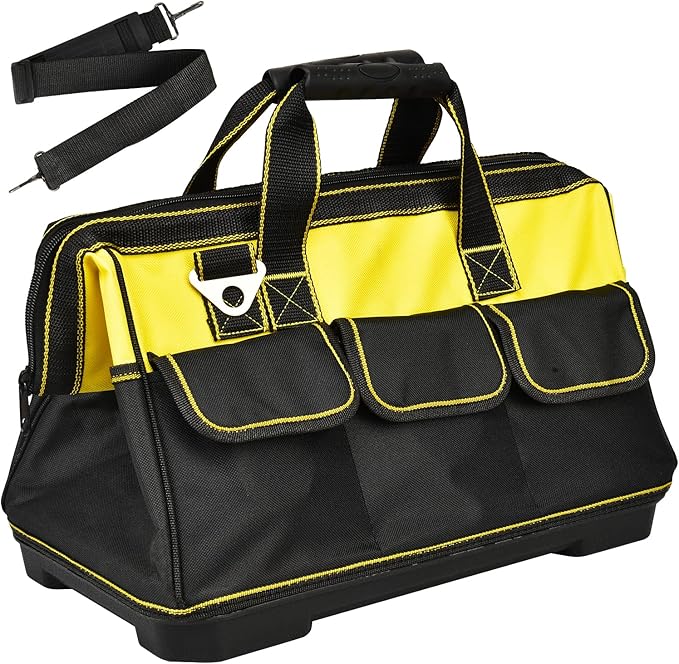 Heavy Duty Tool Bag 16-Inch, 16-Pocket Portable Tool Bag Organizer with Adjustable Shoulder Strap,Soft Handle Large Zipper Carrying Tool bags with Wide Mouth and Waterproof Strong Molded Base