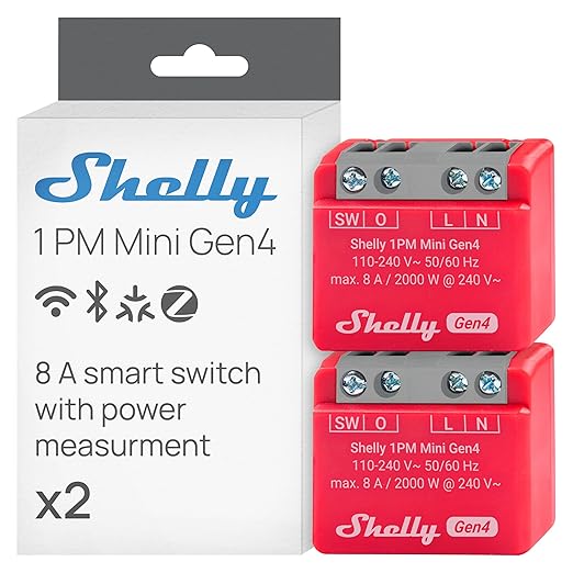 Shelly 1PM Mini Gen4 | Wi-Fi, Zigbee, Matter Smart Relay Switch with Power Metering, 1-Channel 8A | Home Automation | Alexa, SmartThings, Google, Apple HomeKit Compatible | iOS Android App (2 Pack)