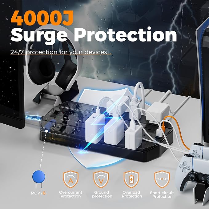 TESSAN 22 Outlets Large Power Strip with 4 USB Ports (2 USB C), 15FT Heavy Duty Extension Cord with Multiple Outlets, 4000 Joules Surge Protection, Wall Mountable for Gaming, Office, Home, Black