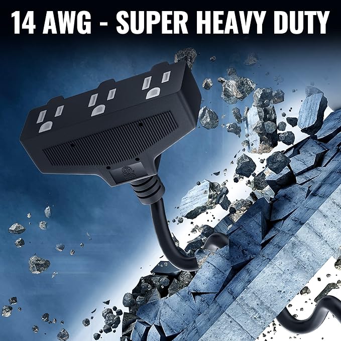 Outdoor Extension Cord 40 Ft with 3 Outlets, 14/3 SJTW 3 Prong Grounded Power Cord, 14 Gauge 14AWG Heavy Duty Power Cable, ETL Listed, 15 Amp 125 V 1875 W-Multiple Outlets for Indoor/Outdoor-Black