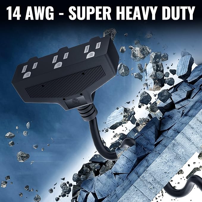 Outdoor Extension Cord 6 Ft with 3 Outlets, 14/3 SJTW 3 Prong Grounded Power Cord, 14 Gauge 14AWG Heavy Duty Power Cable, ETL Listed, 15 Amp 125 V 1875 W-Multiple Outlets for Indoor/Outdoor-Black