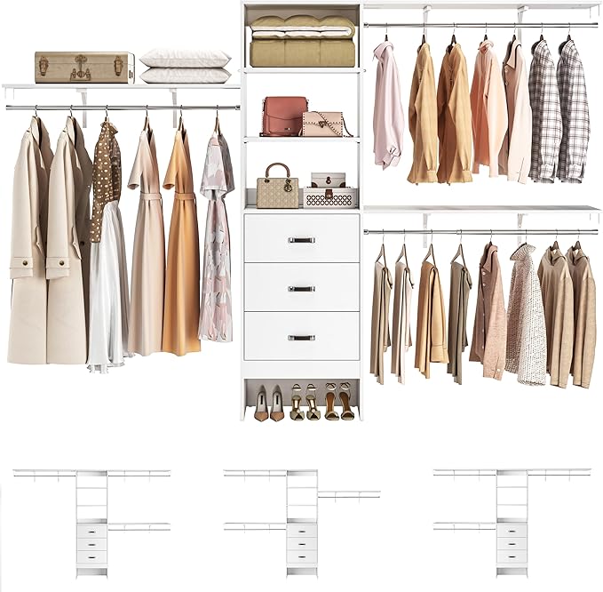 Armocity 120 Inches Closet System, 10FT Walk In Closet Organizer with 3 Shelving Towers, Heavy Duty Clothes Rack with 3 Drawers, Built-In Garment Rack, 120" L x 16" W x 75" H, Max Load 1300 LBS, White