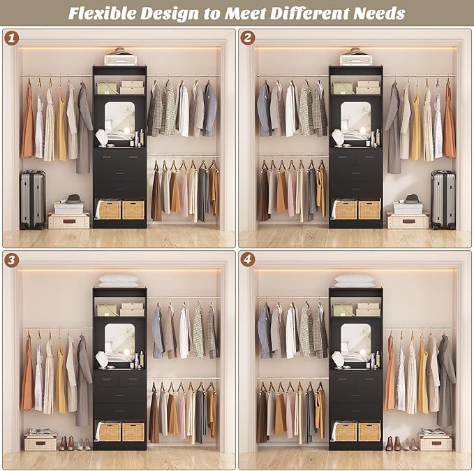 Unikito 96” W Closet Systems, Adjustable 8FT Walk in Closet Organizer Starter Kit with 25” Tower and 3 Hanging Rods, Sturdy Garment Rack with 4 Drawers and Mirror, 96" W x 16" D x 80" H, Black