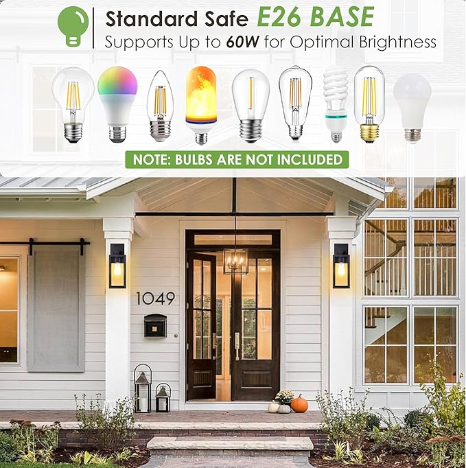 GRUENLICH Waterproof Large Outdoor Wall Lanterns, Modern Black Porch Sconces with Clear Glass Shade, E26 Socket Max 60W, IP65 Rated, Metal Frame, for Patio, Front Door, Entryway, 2-Pack