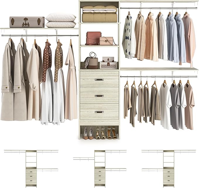 Armocity 120 Inches Closet System, 10FT Walk In Closet Organizer with 3 Shelving Towers, Heavy Duty Clothes Rack with 3 Drawers, Built-In Garment Rack, 120" L x 16" W x 75" H, Load 1300 LBS, White Oak
