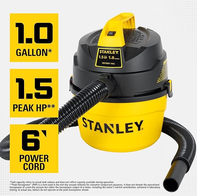 STANLEY Shop Vacuum Wet and Dry, 1 Gallon 1.5 Peak HP Small Wet Dry Vac with 60CFM Powerful Suction, Portable Wall Mount Vacuum Cleaners for Home, Car, Garage and DIY Workshop, SL18101P-1H
