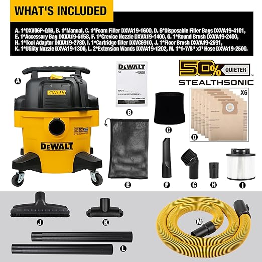 DEWALT 6-Gallon STEALTHSONIC Ultra Quiet Poly Shop Vacuum Wet and Dry, 5 Peak HP Noise Reduction Wet/Dry Vac for Jobsite, Workshop, and Garage, DXV06P-QTB