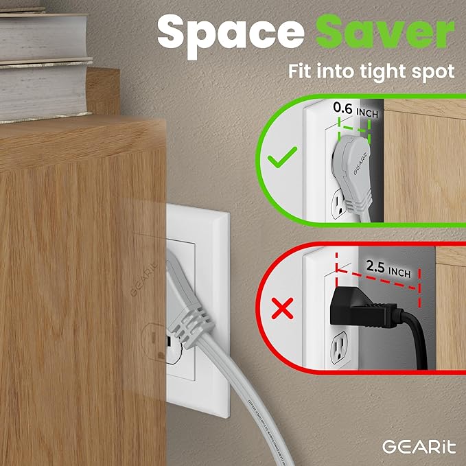 GEARit 360 Rotating Flat Plug Short Extension Cord with 3 Outlets (6ft, Gray) 16AWG/13A 3 Prong Wire, Outlet Saver for Home Office Dorm Room Essentials, ETL Certified