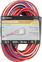 Southwire Extension Cord - Built for Outdoor & Indoor Power Use with Contractor-Grade Durability - Heavy-Duty SJTW Jacket - UL Certified - 12/3 SJTW - Red/White/Blue - 100 Foot