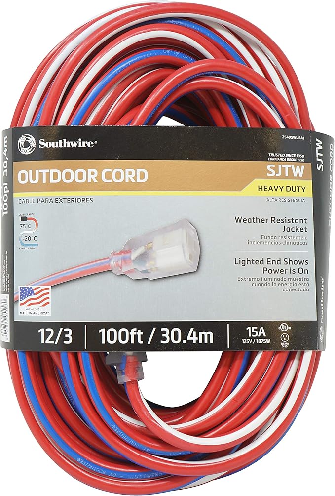 Southwire Extension Cord - Built for Outdoor & Indoor Power Use with Contractor-Grade Durability - Heavy-Duty SJTW Jacket - UL Certified - 12/3 SJTW - Red/White/Blue - 100 Foot