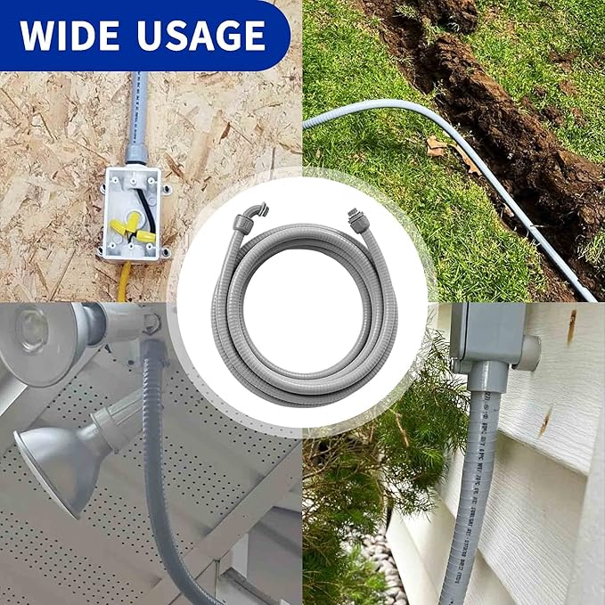 (1/2" Dia * 25 Feet) Yariwiz Flexible Electrical Conduit Liquid Tight PVC Conduit Kit with 3 PCS Coupling, 3 PCS Elbow and 7 PCS Strap, Sealtight Seal Flex Liquidtight Wire Outdoor Non Metallic Grey