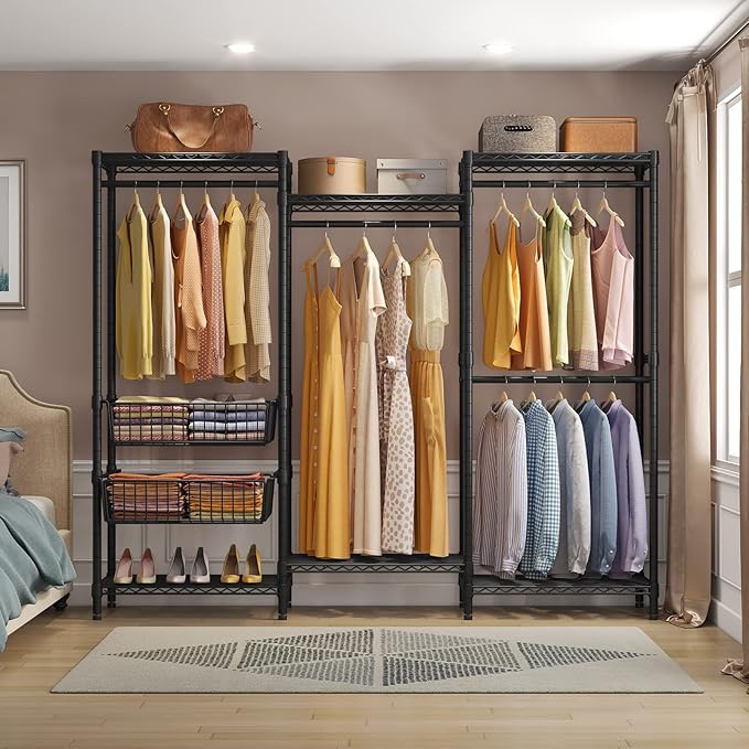 VIPEK V10 Medium Wire Garment Rack Heavy Duty Clothes Rack, Freestanding Closet Wardrobe Metal Clothing Rack with 2 Slid Baskets, 56.7" L x 15.7" W x 76.4" H, Max Load 720lbs, Black