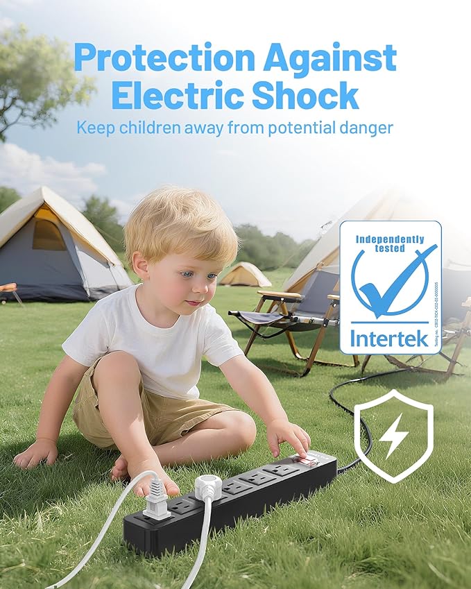 65 FT Outdoor Power Strip Weatherproof with Surge Protector - 6 AC Outlets, Unistyle 1700 J Lightning Protection, IPX4 Waterproof Extension Cord for Christmas Lights, Camping & Pool Parties Black