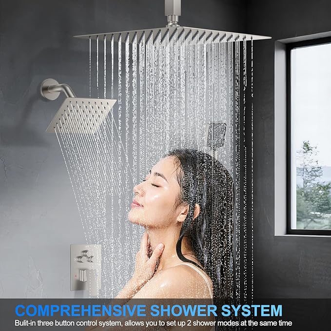 Shower Faucet Set, 12" Ceiling Mount Rainfall Shower System with 2 Rain Shower Head and Multi-function Handheld Head Push Button Diverter Shower Faucet Trim Kit (12", Brushed Nickel)