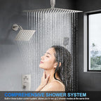 Shower Faucet Set, 12" Ceiling Mount Rainfall Shower System with 2 Rain Shower Head and Multi-function Handheld Head Push Button Diverter Shower Faucet Trim Kit (12", Brushed Nickel)