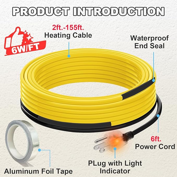 18 Ft Pipe Heat Cable for Water Pipe Freeze Protection, Self-Regulating Heat Tape for Metal and Plastic Pipes, Anti-Freeze Pipe Heating Trace System 6W/Ft 120V