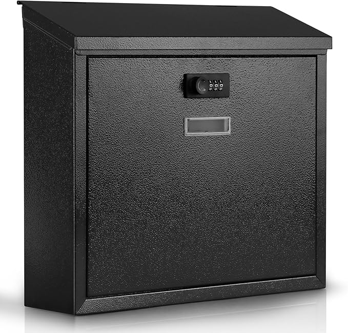 xydled Mail Boxes with Combination Lock,Locking Mailbox Wall Mounted,Security Metal Mailbox Drop Box, Modern Large Capacity,Steel Cover Metal Postbox for House Home Outside, Black, 14.2''x12.6''x4''