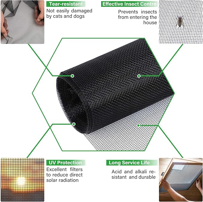 Window Screen Replacement Kit 32 Inch X 66 Feet Durable High Hardness Nanofibers Roll Screen Mesh Window Screen Repair Kit Black for Any Door and Window