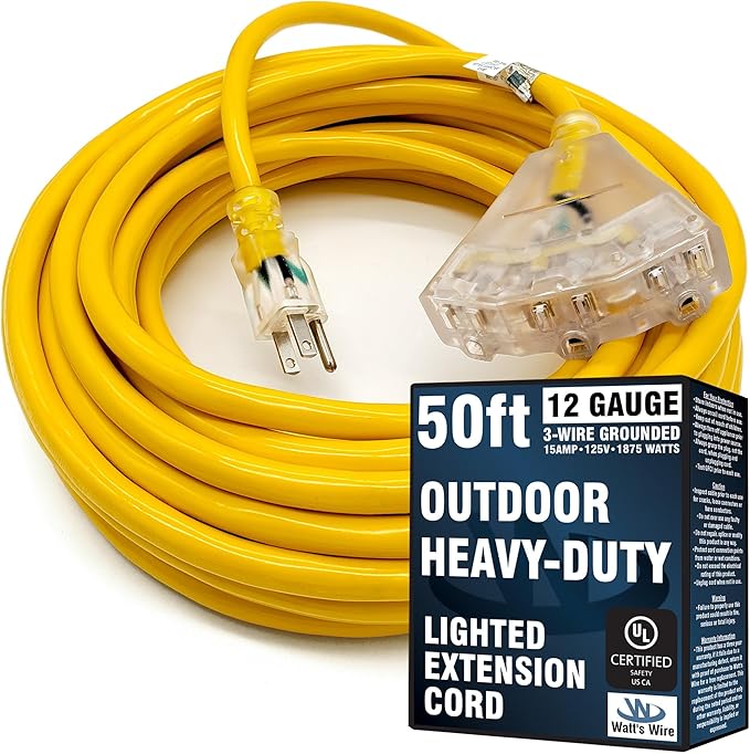 Outdoor Extension Cord Waterproof (50 ft) 12 Gauge Heavy Duty Extension Cord Splitter - Lighted Outdoor Extension Cords with Multiple Outlets - Watts Wire - 50' Grounded - extensiones electricas
