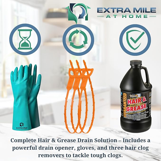Drain Defender – Hair & Grease Buster Kit Instant Power Drain Opener and comes with, Heavy-Duty PVC Gloves & 3 Hair Clog Removers – Fast-Acting & Safe for Pipes & Septic Systems