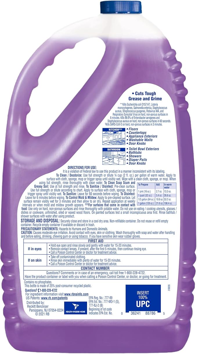 Lysol Multi-Surface Cleaner, Sanitizing and Disinfecting Pour, to Clean and Deodorize, Lavender and Orchard Essence, 144oz (Pack of 4)