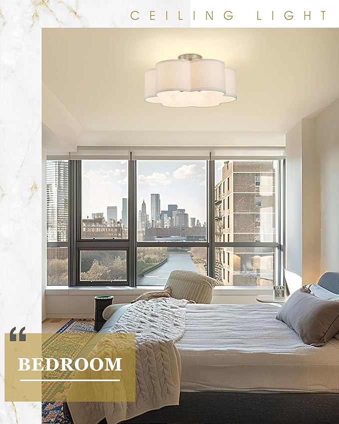 Semi Flush Mount Ceiling Lights, 6-Light 18" Ceiling Light Fixtures with Fabric Shade in Flower Shape, Brushed Nickel Farmhouse Drum Lighting for Nursery Bedroom Kitchen, AD-22007-6SF-SN