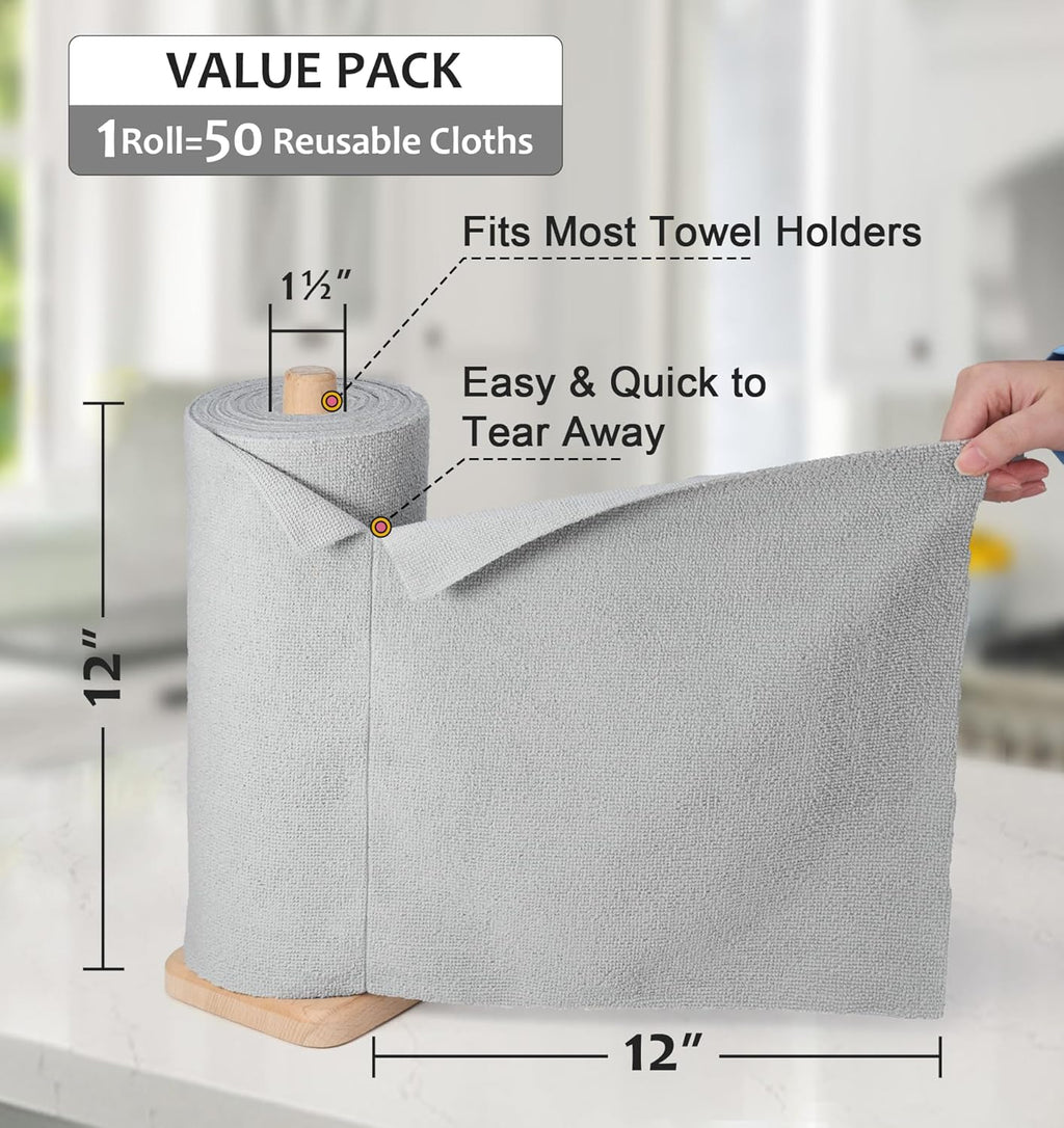 UPSTAR Microfiber Cleaning Cloth, Reusable Paper Towels Rolls, Cleaning Rags for Cleaning Kitchen, Bathroom, Car, 12x12 inch, 50 Packs/Roll, Grey