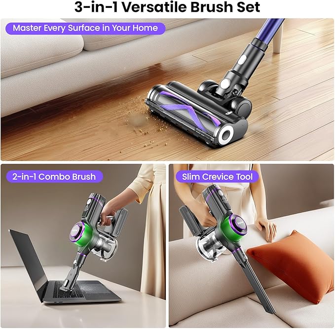 Cordless Vacuum Cleaner,600W 65KPA Dual Motor Vacuum for Home with AI Auto Suction,70Min Runtime,Stick Vacuums with Self-Standing Design,LED Headlights for Carpet,Hardwood Floors,Pet Hair,Tile