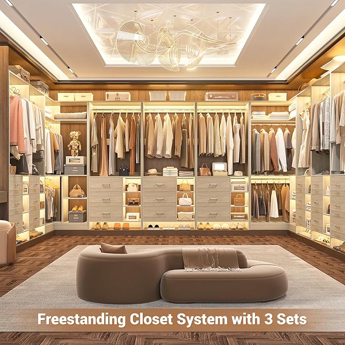 Aheaplus Closet System with 6 Drawers, 4 Hanging Rods & Corner Tower, Corner Closet System with Hanging,92.6" L-Shaped Walk-In Wardrobe Organizer, 2000+ lbs Capacity, Set of 3, White Oak