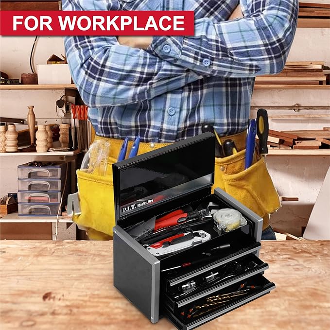 P.I.T. Mini Black Tool Box, Portable 3 Drawer Steel Stackable Tool Box with Magnetic Tab Locking, Black Micro Top Chest with Liner for Tools Storage and Organizers, Home DIY