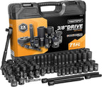 TIGHTSPOT 3/8" Drive 71pc Impact Socket Master Set Inch Metric 1/4"-3/4" 6-19mm CR-V CR-MO Universal Joint Deep Standard Sockets 90-Tooth Ratchet Extensions Heavy Duty Mechanic Tool Kit