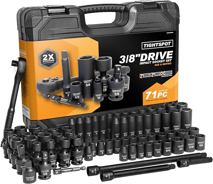 TIGHTSPOT 3/8" Drive 71pc Impact Socket Master Set Inch Metric 1/4"-3/4" 6-19mm CR-V CR-MO Universal Joint Deep Standard Sockets 90-Tooth Ratchet Extensions Heavy Duty Mechanic Tool Kit