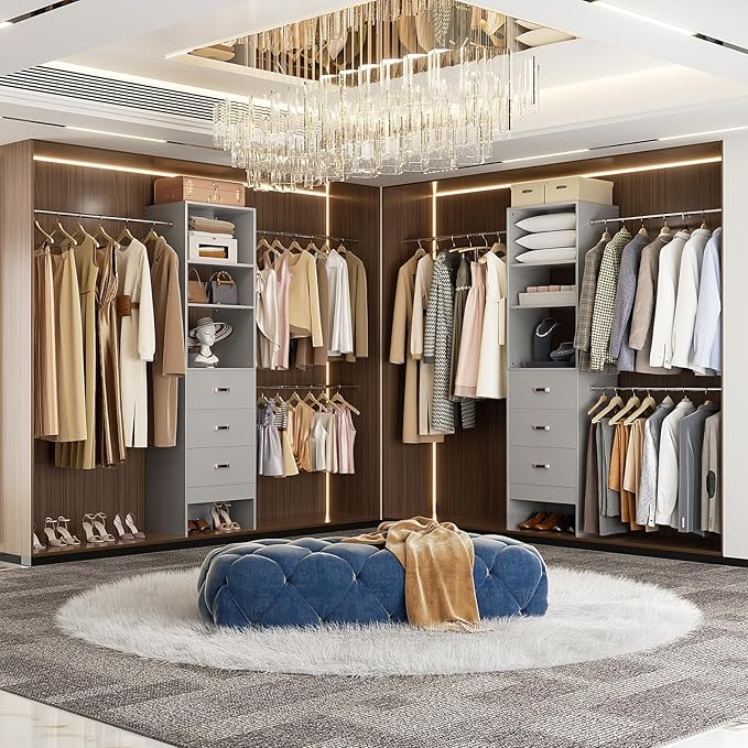 96'' Closet Organizer System with 3 Hanging Rods (Without 3 Storage Shelves), 8FT Closet Systems, Wall Mount Bedroom Wardrobe with 3 Wood Drawers, Adjustable Garment Rack from 5 to 8FT, Grey