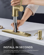 FORIOUS Gold Kitchen Faucet with Soap Dispenser, Single Handle Stainless Steel Transitional Sink Faucet with Pull Down Sprayer 1 or 3 Hole, Suitable for Farmhouse Laundry Camper RV Bar