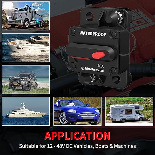 DaierTek 40 Amp Circuit Breaker 12V - 48V, 12 Volt DC Circuit Breaker 40A Waterproof with Manual Reset Inline for Marine Boat Automotive Car Truck RV ATV UTV Audio -2Pack