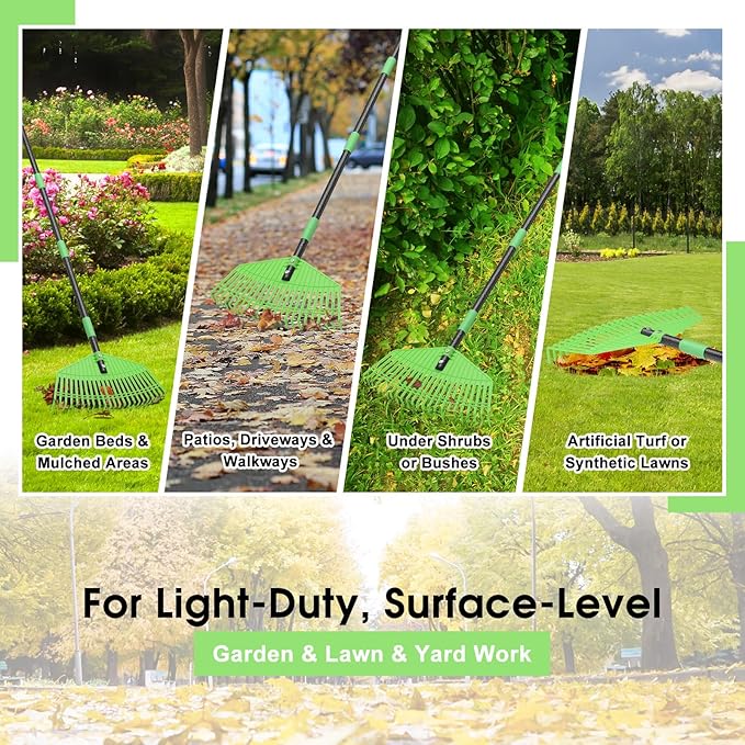 Garden Leaf Rake,16.5” Wide Plastic Leaf Rake for Lawn with 30” Long Handle, Plastic Yard Raking Tools for Lawn Turf Leaves Grass Thatch Debris Pine Needle Cleanup, Lightweight for Kids