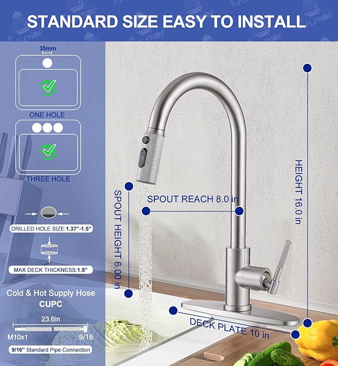 Brushed Nickel Kitchen Faucet with Pull Down Sprayer- 1.8GPM High Arc Single Handle Stainless Steel Rv Sink Faucet for Farm Laundry, Fit for 1/3 Hole with 10" Deck Plate