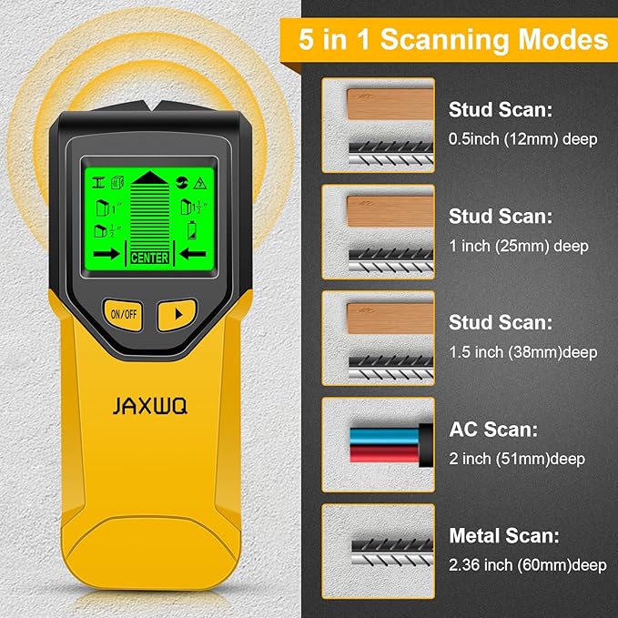 Stud Finder Wall Scanner - 5 in 1 Stud Finder Tool w/Microprocessor Chip and HD LCD Display, Stud Detector Beam Finders for the Center and Edge of Wood AC Wire Metal Studs Joist Pipe (Yellow Pear)