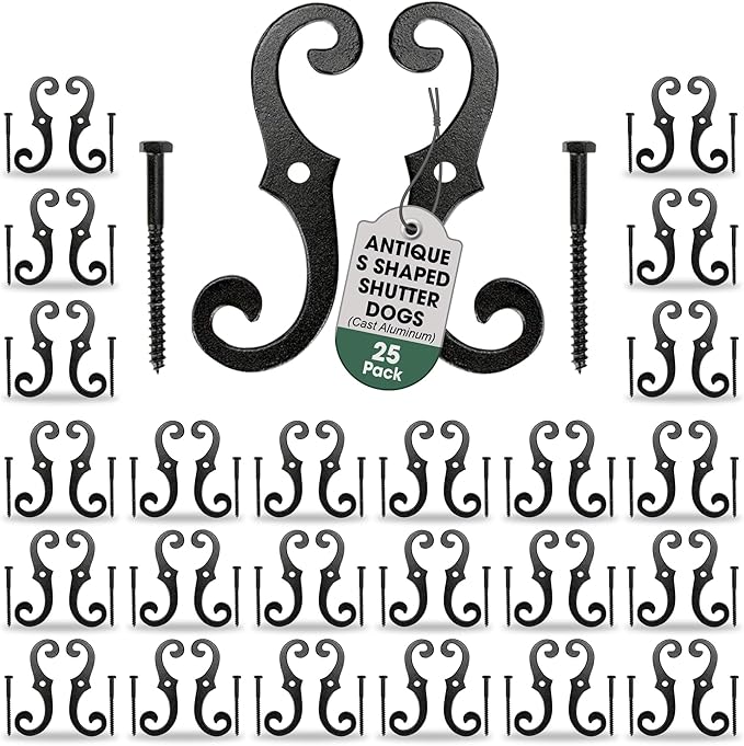 Renovators Supply Shutter Fasteners - Decorative S Style Shutter Dogs Hardware - Rust Resistant Powder Coated External Shutter Tieback Including Mounting Screws - 6.5 Inches, Cast Aluminum, Pack of 25