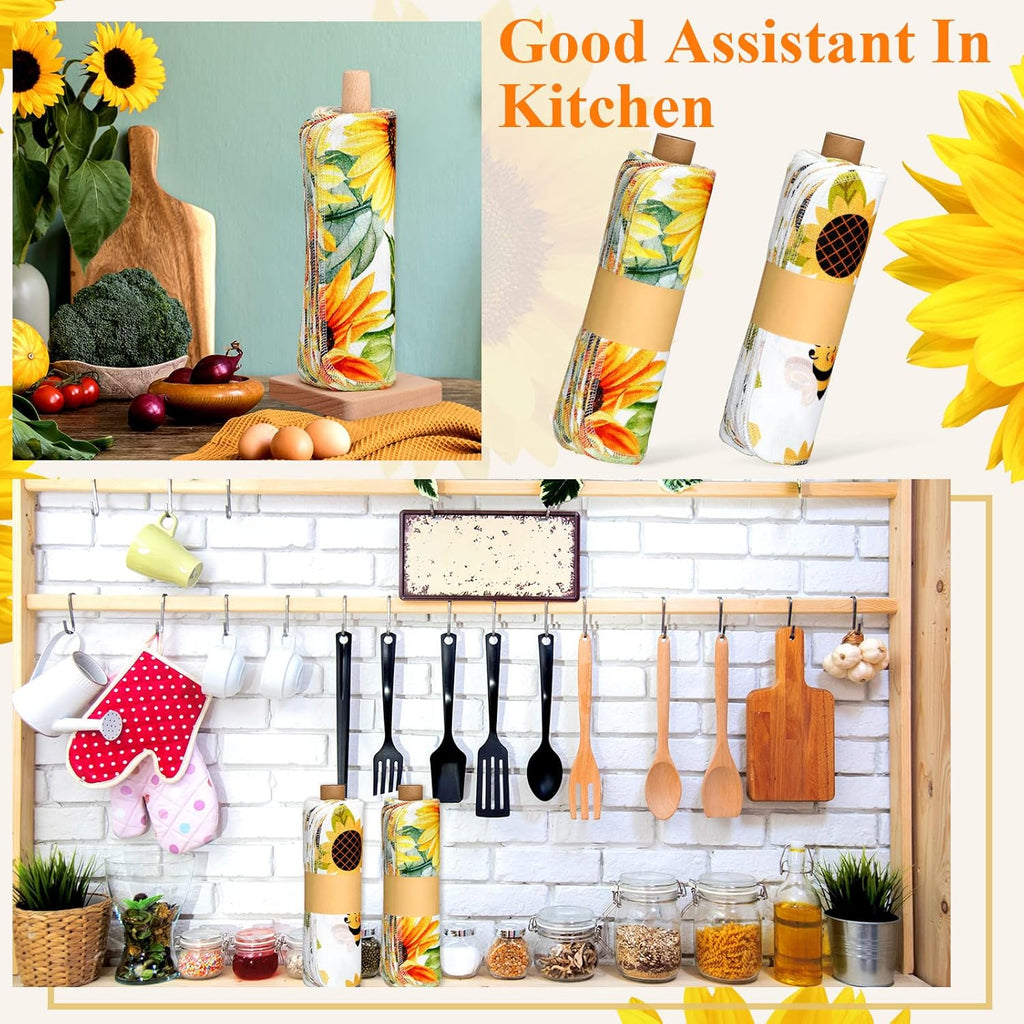 Redbaker 50 Pcs Reusable Paper Towels Paperless Reusable Cotton Cloths Toilet Absorbent Washable Paper Towels with Roll Kitchen Dishcloth for Kitchen Paperless Dishcloths(Sunflower)