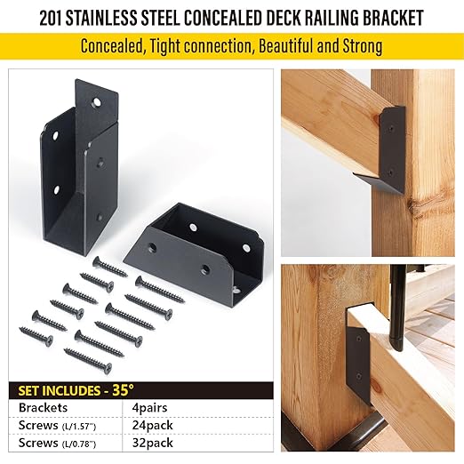 201 Stainless Steel 2" x 4" (1 ½" x 3 ½" Actual) Deck Railing 35° Stair Connectors, for Deck Railing Stair Handrail Connection Installation Deck Railing Bracket (4 Pair-Black)