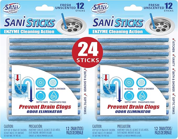 SANI 360° Sani Sticks Drain Cleaner and Deodorizer, 24 Count, Unscented Enzyme Pipe Cleaners, Eliminate Odors, Prevent Clogged Drains, Safe for Sinks, Bathtub Drains, Septic Tanks