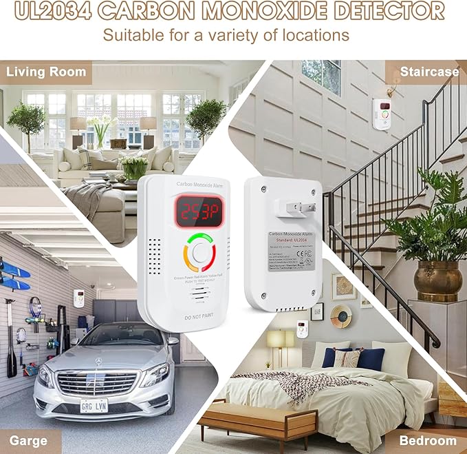2 Pack Carbon Monoxide Detector, Plug-in Wall Carbon Monoxide Gas Detector, Portable Carbon Monoxide Detector with Digital Display LED, CO Alarm Monitor with Audible and Visual Alarm Test Mute Button