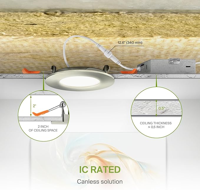 ASD 6 Pack 3 Inch LED Recessed Light 6W, 5 CCT 2700K-5000K CRI90+, IC Rated Ultra Thin Dimmable Ceiling Lights with J Box, Canless Wafer Downlight, Round Slim Panel Lighting, Energy Star ETL, Nickel