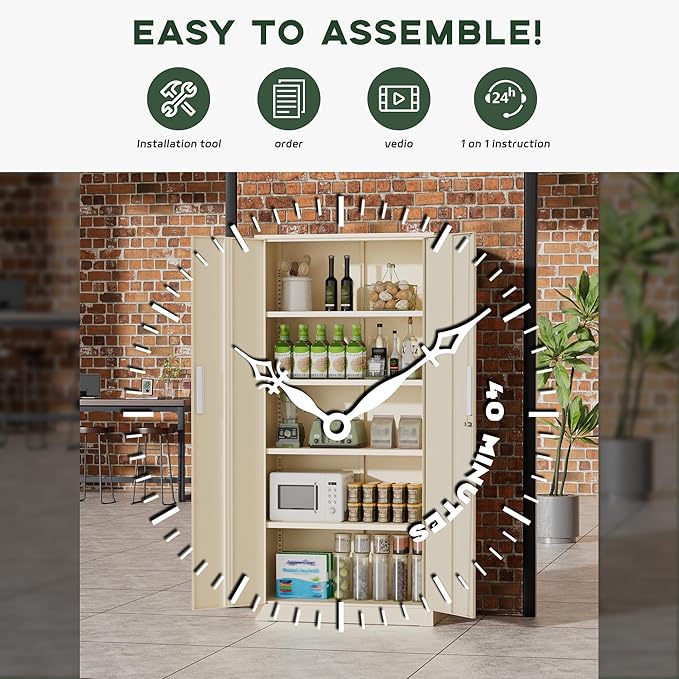 Greenvelly Metal Storage Cabinets, 72” Steel Garage Storage Cabinet with Doors and 4 Shelves, Metal Tool Cabinet, Steel Filing Cabinet for Home Office, Basement, Garage, School(Grey)