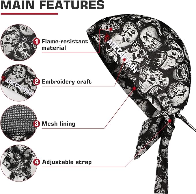 ARCCAPTAIN 2PC Welding Doo Rag, Welding Cap, Protective Welders Cap, Welding Hats for Men, Fireproof Cotton and Durable for Safety, Skull, L Size