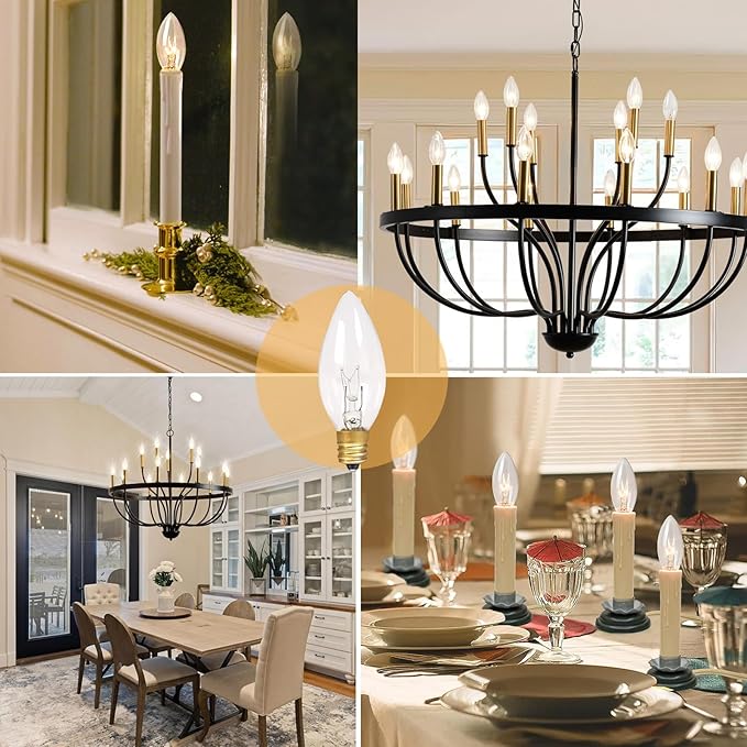 25 Pack Candle Light Bulbs C26 Torpedo Candelabra Bulbs 7 Watt Clear, E12 Base Bulbs for Chandelier Light Night Light Electric Window Candle Lamps ASIN