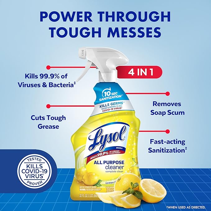 Lysol All Purpose Cleaner Spray, Multi-Purpose Disinfecting Spray, Kitchen & Bathroom Cleaner, Lemon Breeze Scent, 32 Fl Oz (Pack of 2)
